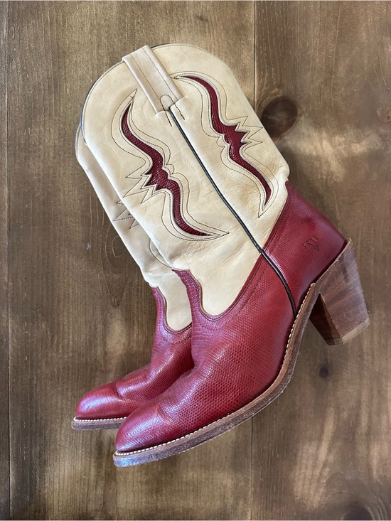 Frye Shoes - Frye Two-Tone Cream and Burgundy Leather Western Boots